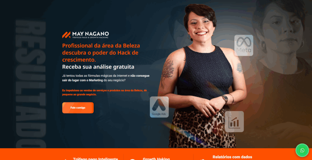 Projeto de web design para May Nagano Marketing, com estrutura otimizada para SEO, navegação fluida e identidade visual integrada.