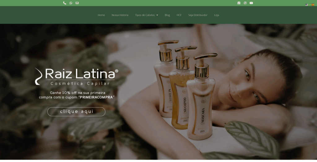 Projeto de web design para Raiz Latina, com estrutura otimizada para SEO, navegação fluida e identidade visual integrada.